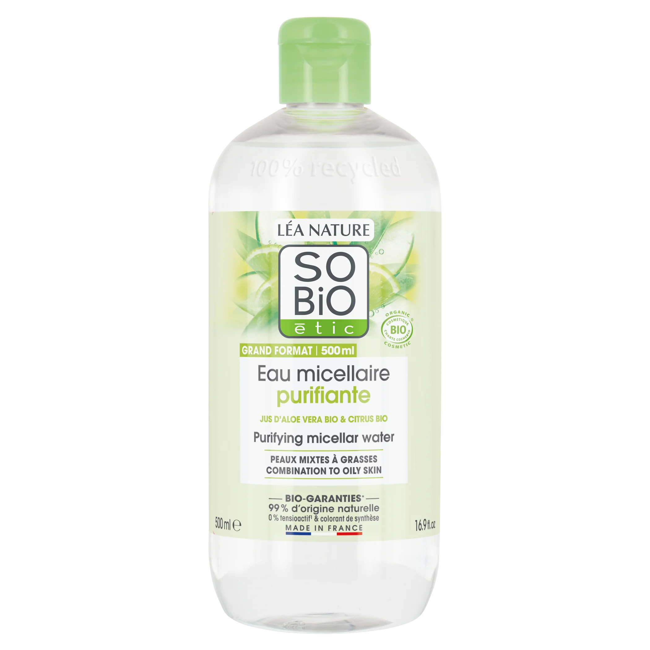 SO’BiO étic Água micelar de limpeza Aloe Vera - zinco e citrinos BIO (500 ml) - ideal para pele mista a oleosa