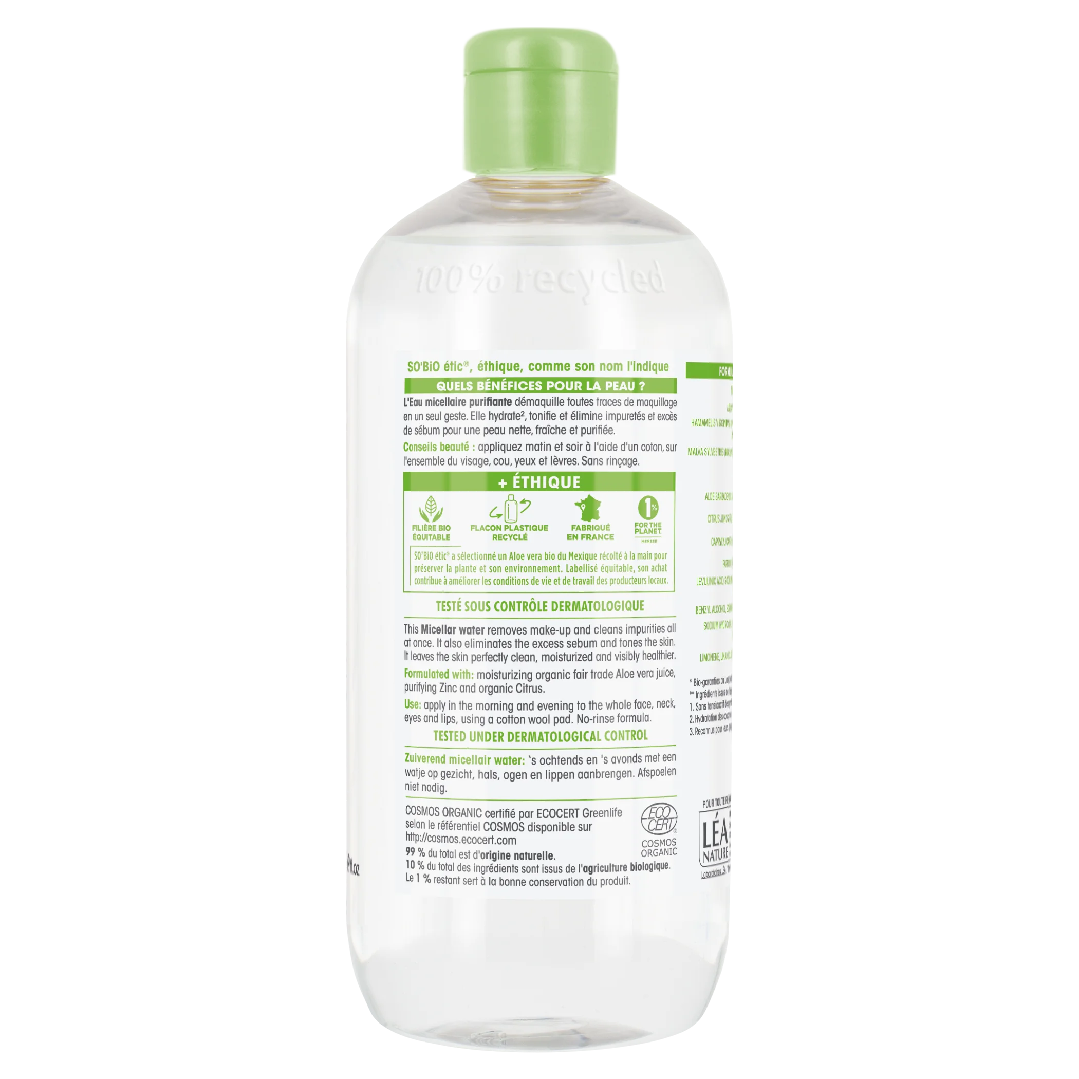 SO’BiO étic Água micelar de limpeza Aloe Vera - zinco e citrinos BIO (500 ml) - ideal para pele mista a oleosa