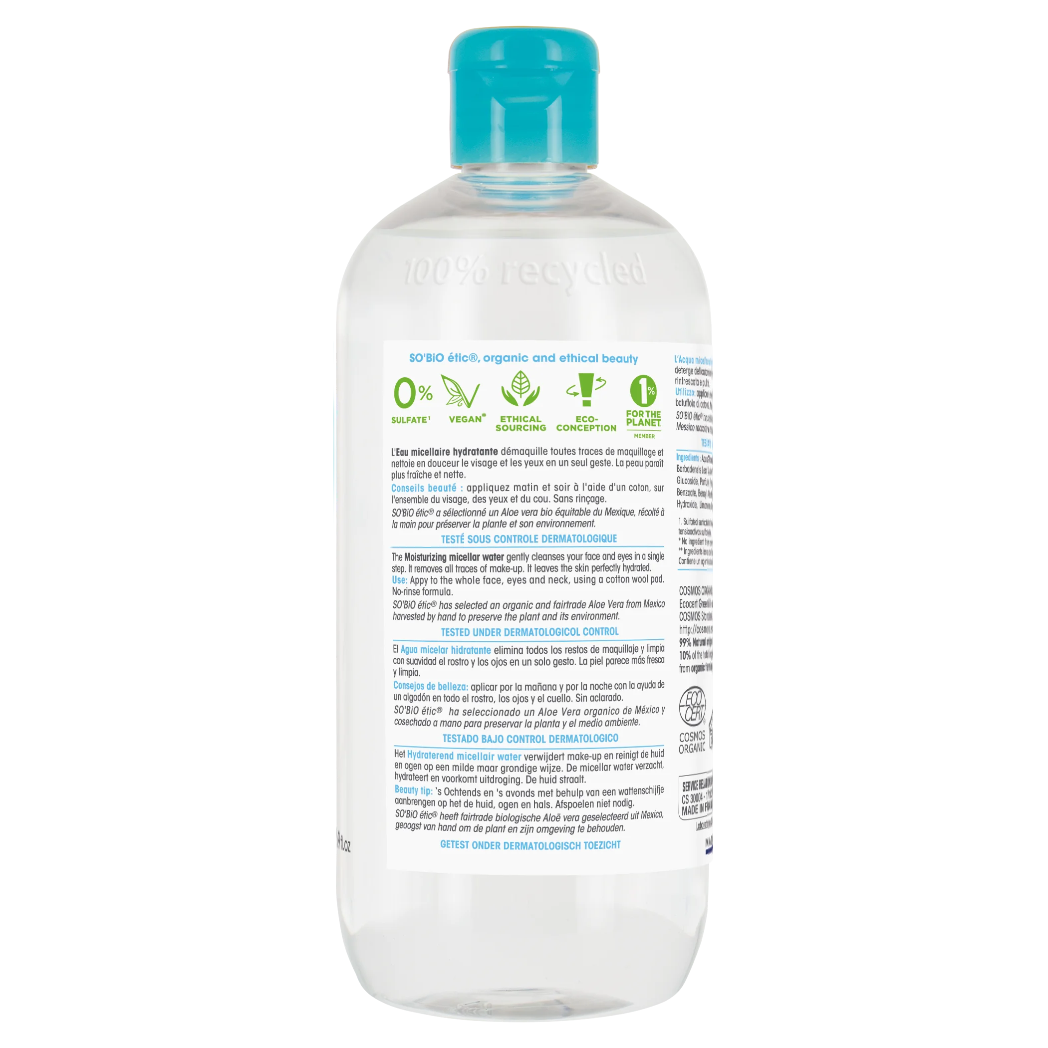 SO’BiO étic Água micelar hidratante com Aloe vera BIO (500 ml) - enriquecida com água de centáurea