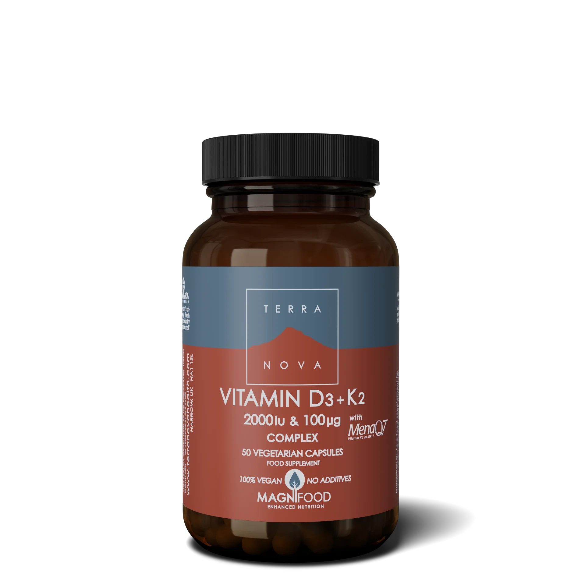 Terranova Health Vitamina D3 2000 UI & Vitamina K2 100 µg Complexo (50 cápsulas) - D3 de líquen e K2 de grão-de-bico