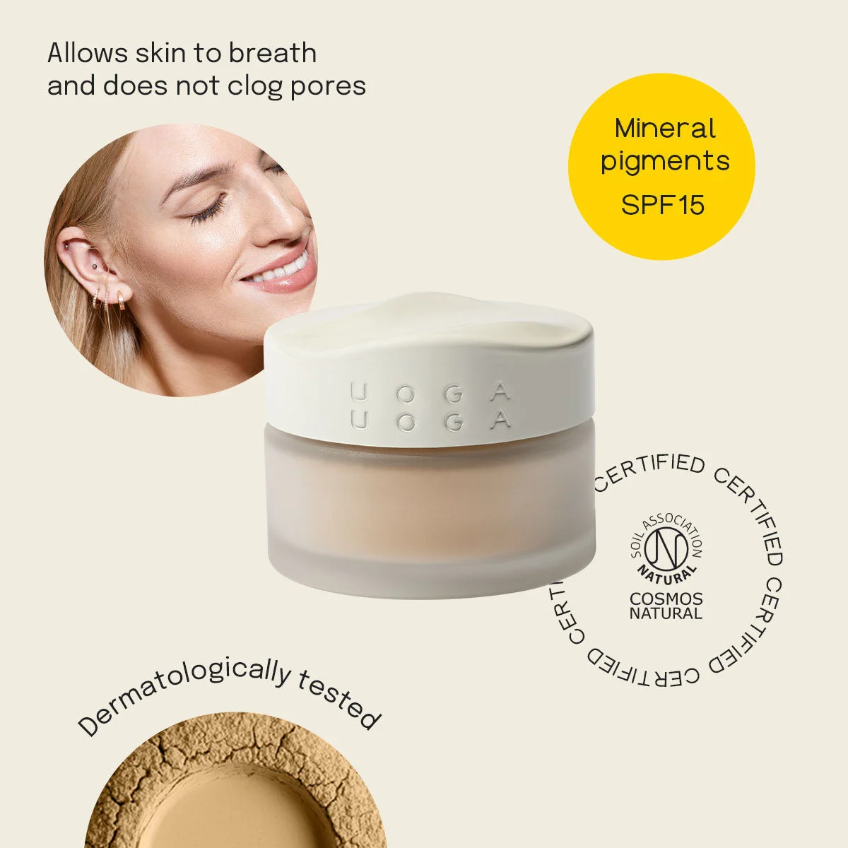 Uoga Uoga Base mineral em pó com âmbar (10 g) 634 Linden Honey - leve, natural, FPS 15
