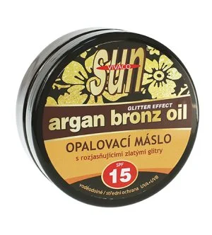 Vivaco SUN Argan Bronz Oil manteiga bronzeadora com glitter dourado iluminador SPF 15