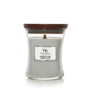 WoodWick Lavanda & Cedro vela perfumada com pavio de madeira 275 g