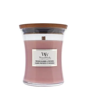 WoodWick Pressed Blooms & Patchouli vela perfumada com pavio de madeira 275 g
