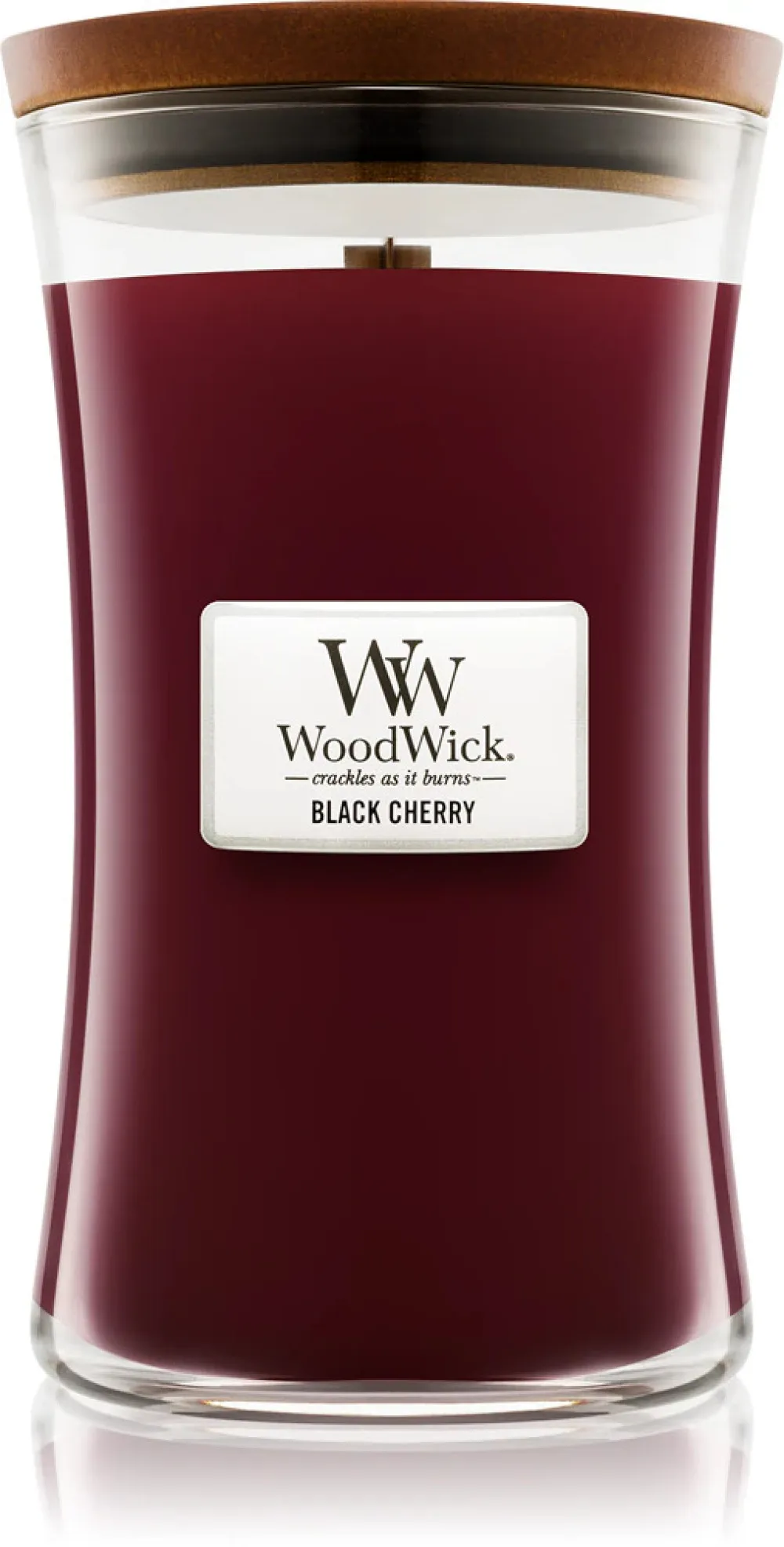 Vela perfumada WoodWick Black Cherry com pavio de madeira 275 g