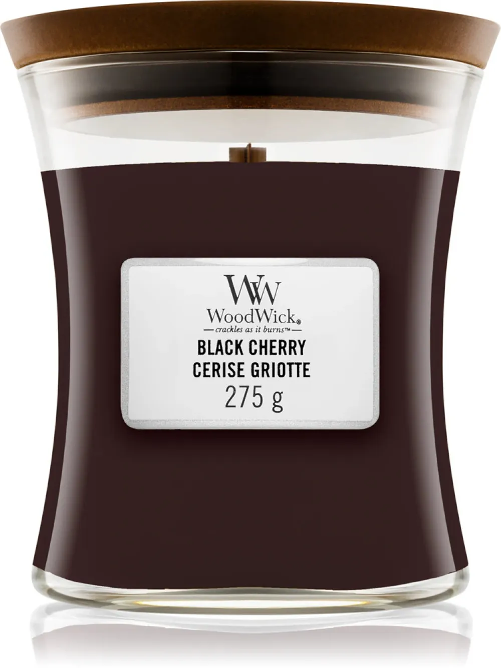 Vela perfumada WoodWick Black Cherry com pavio de madeira 275 g