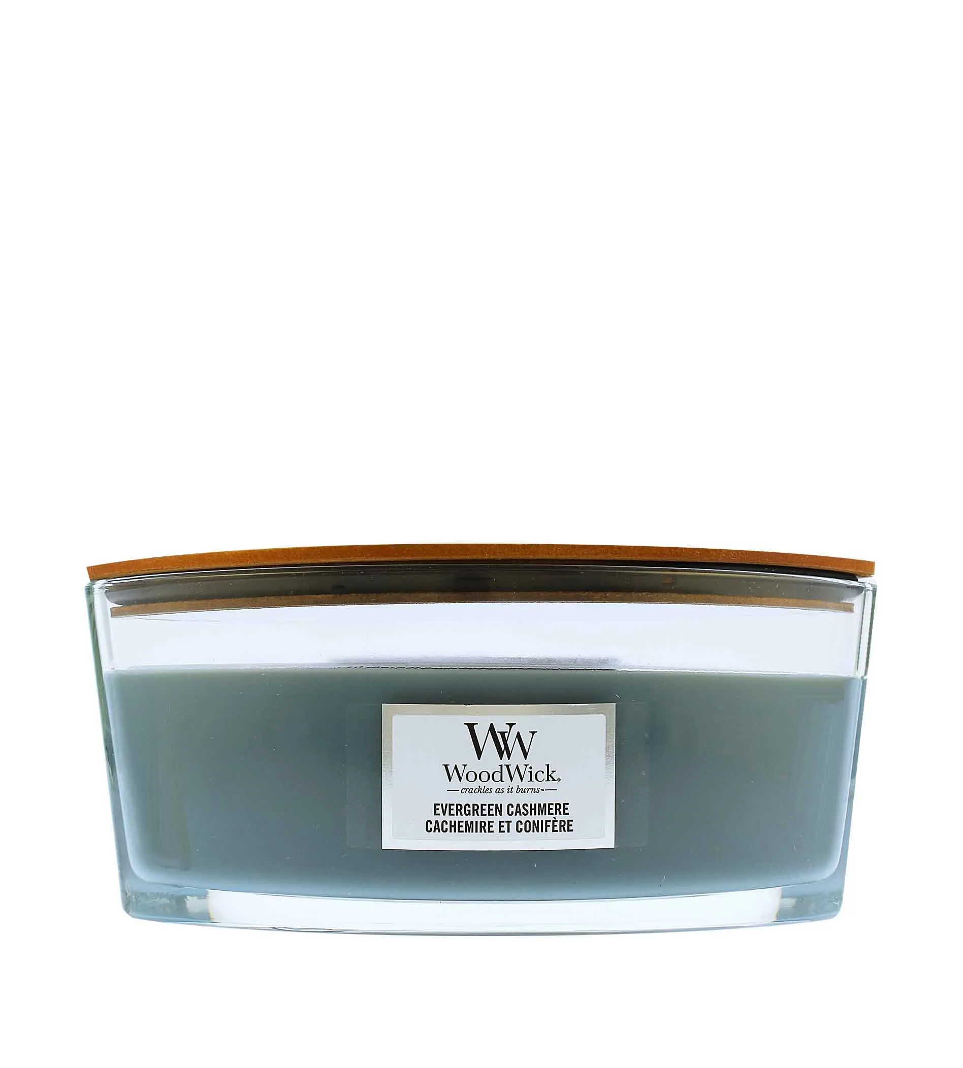 Vela perfumada WoodWick Evergreen Cashmere com pavio de madeira para homens.