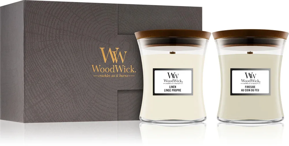Conjunto de presente WoodWick Fireside, Linen WoodWick Fireside, Linen dárková sada