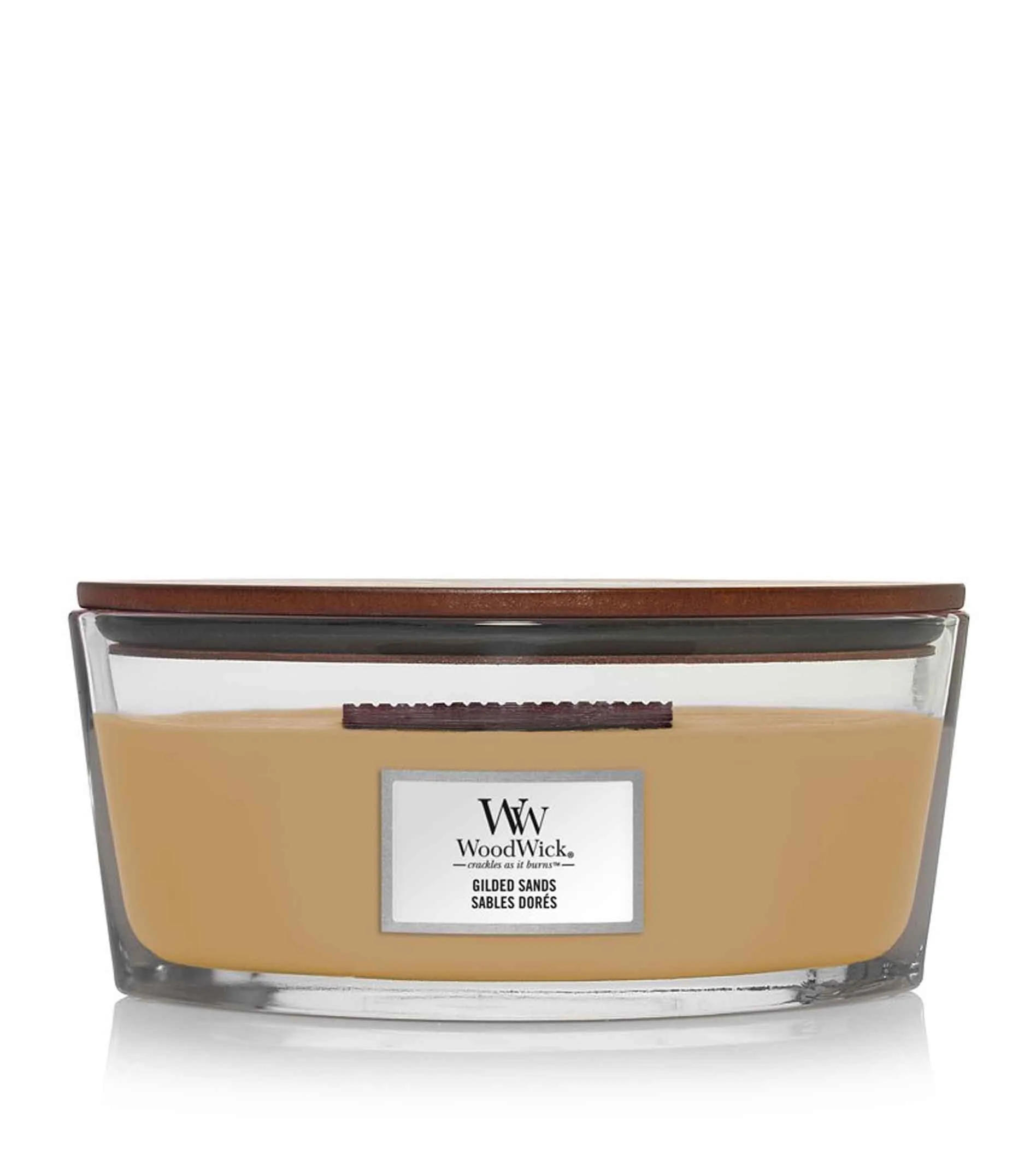 Vela perfumada Woodwick Gilded Sands com pavio de madeira 453,6 g