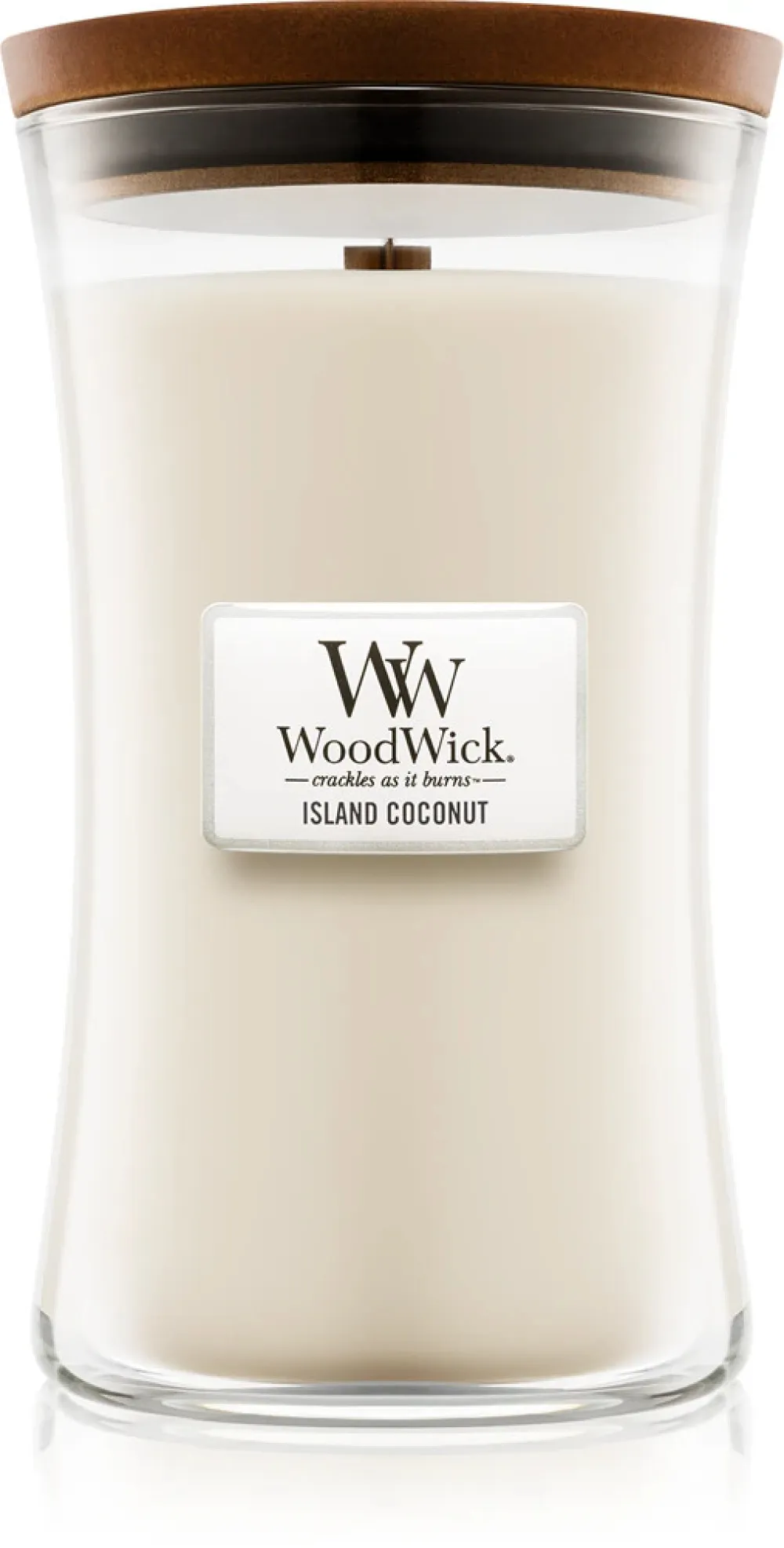 Vela perfumada WoodWick Island Coconut com pavio de madeira 609,5 g