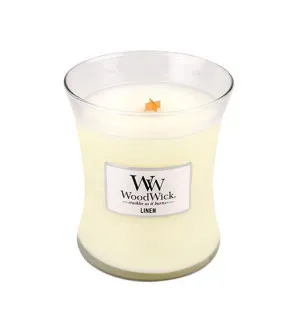 Vela perfumada WoodWick Linen com pavio de madeira 275 g