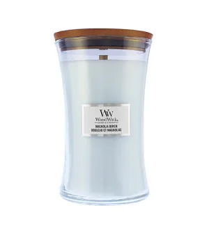 Vela perfumada WoodWick Magnolia Birch com pavio de madeira para homens.