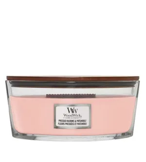 Vela perfumada WoodWick Pressed Blooms & Patchouli com pavio de madeira 453,6 g