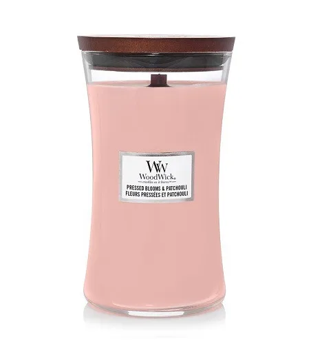 Vela perfumada WoodWick Pressed Blooms & Patchouli com pavio de madeira 609,5 g