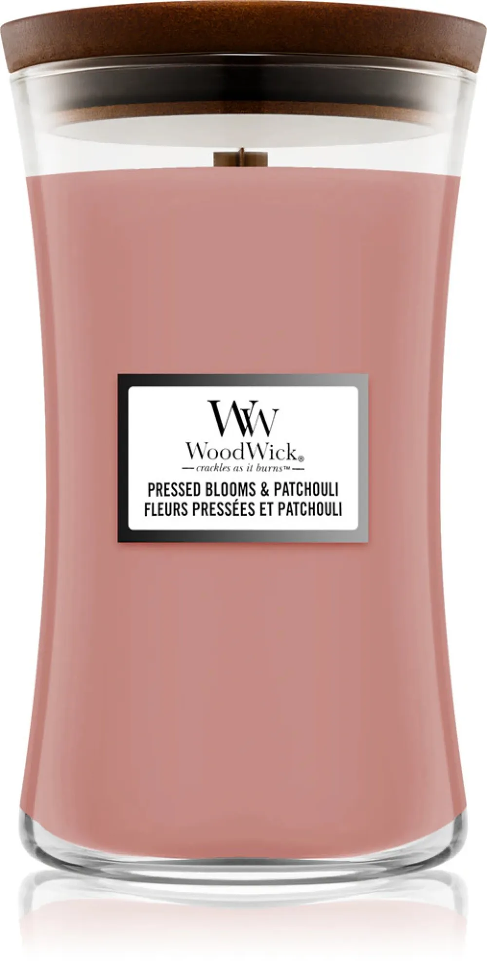 Vela perfumada WoodWick Pressed Blooms & Patchouli com pavio de madeira 609,5 g