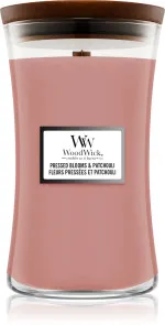 Vela perfumada WoodWick Pressed Blooms & Patchouli com pavio de madeira 609,5 g