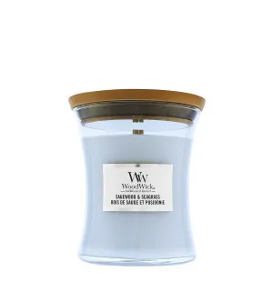 Vela perfumada WoodWick Sagewood & Seagrass com pavio de madeira 275 g