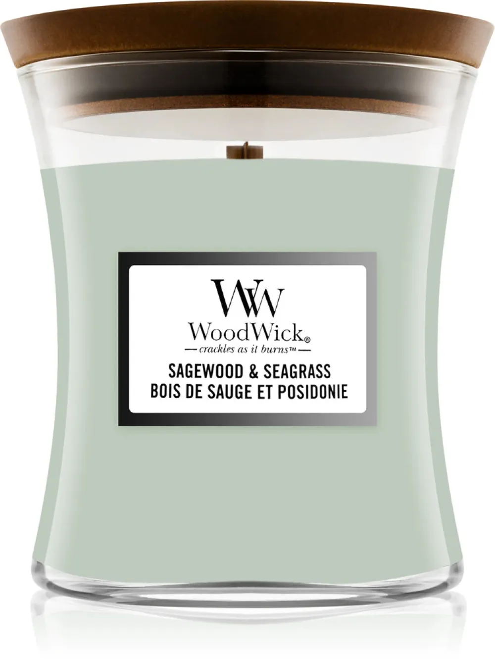 Vela perfumada WoodWick Sagewood & Seagrass com pavio de madeira 275 g