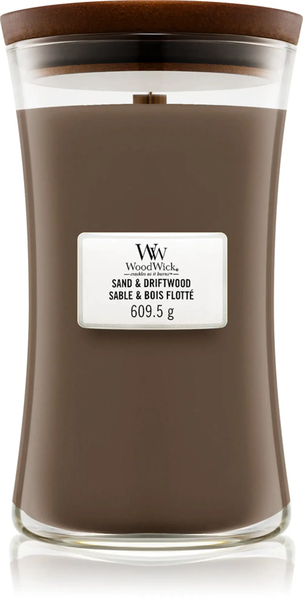 Vela perfumada WoodWick Sand & Driftwood com pavio de madeira 275 g