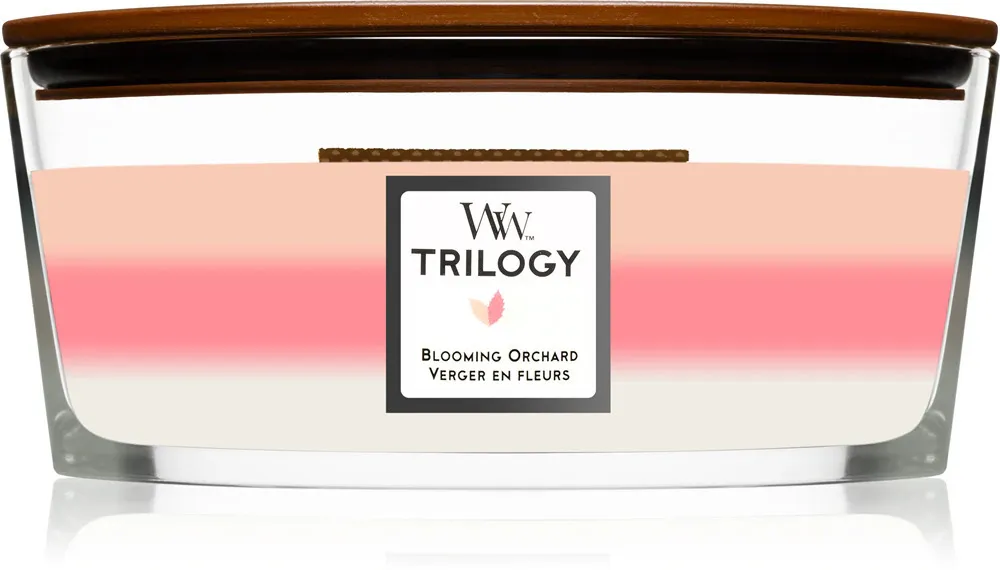 Vela perfumada WoodWick Trilogy Blooming Orchard com pavio de madeira 453,6 g