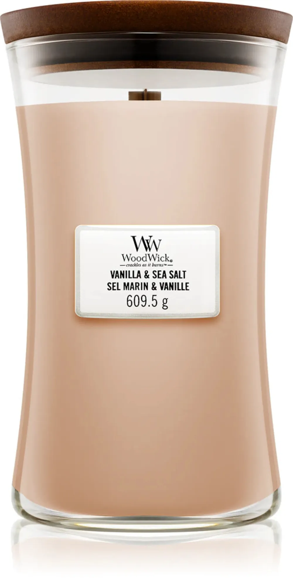 Vela perfumada WoodWick Vanilla & Sea Salt com pavio de madeira 609,5 g