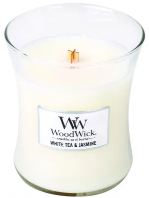 Vela perfumada WoodWick White Tea & Jasmine com pavio de madeira 275 g