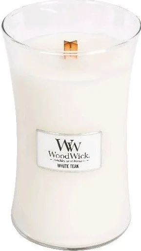 Vela perfumada WoodWick White Teak com pavio de madeira para mulheres