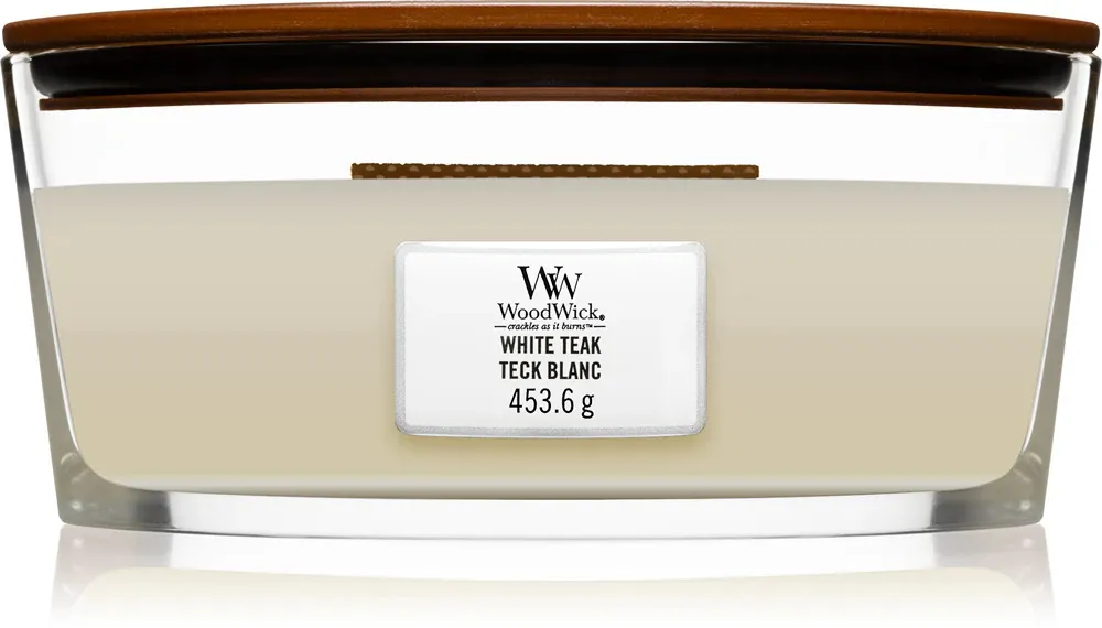 Vela perfumada WoodWick White Teak com pavio de madeira 453,6 g