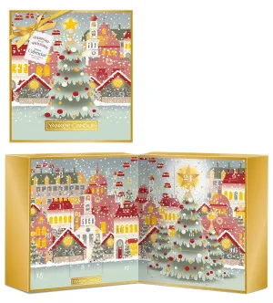 Yankee Candle Passport to the Holidays calendário do advento livro vela votiva em vidro 12x37 g + vela de chá 12x9,8 g + castiçal de vidro