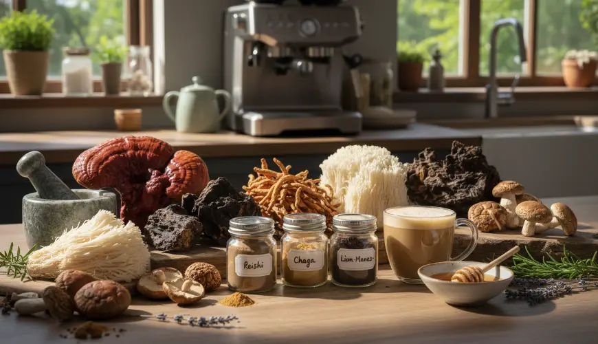 Adaptogenní houby v kuchyni como reishi, lion's mane e cordyceps