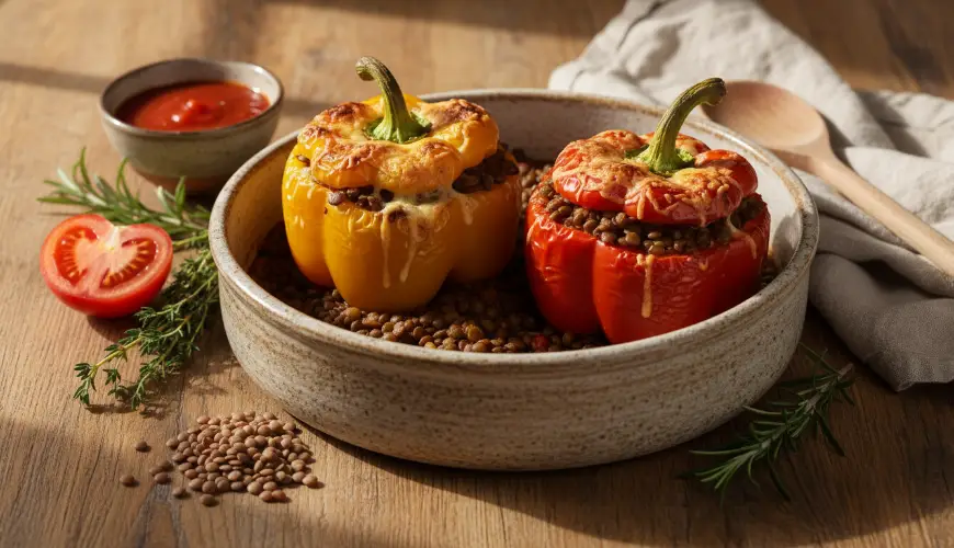 Čočkové ragú como recheio de pimentões gratinados