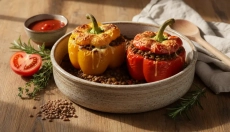Čočkové ragú como recheio de pimentões gratinados