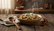 Aromático rizoto de cevada com cogumelos porcini da floresta
