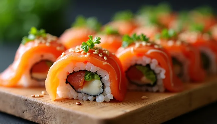 Uramaki como rolos de sushi na moda para uma refeição divertida com amigos