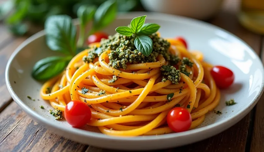 Espaguete de abóbora saudável com pesto para uma refeição rápida e fácil